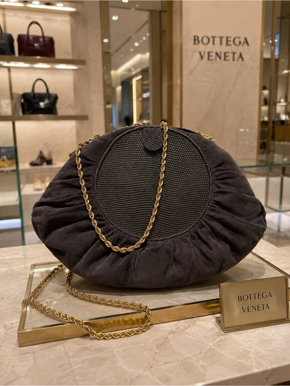 Vintage Bottega Veneta Gray Suede Round Ruched Shoulder Bag with Gold Chain